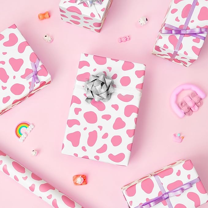 WERNNSAI Pink Cow Wrapping Paper Roll - 1 Roll 17”x 16.4ft Cow Print Gift Wrap Paper Farm Animal Gift Packing Roll for Kids Girls Baby Shower Birthday
