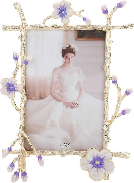4x6 Purple Floral Picture Frame Vintage Gold Photo Frame with Glass Front, Ornate Antique Tabletop Art Desktop Home Office Decor Gold Metal Frame, Unique Gifts for Women Wedding Mothers Day