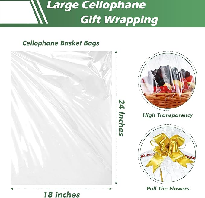 100 Packs Large Cellophane Bags 18" x 24" Clear Cellophane Gift Basket Wraps 2.3 Mil Thick Transparent Cello Bags for Fruit Basket, Gift Wrap, Treats, Arts and Crafts, 100ct Yellow Ribbon Bows