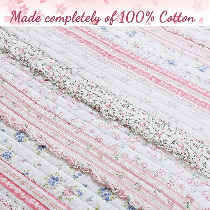 Cozy Line Home Fashions Shabby Chic Pink Flower Lace Ruffle Stripe 100% Cotton Reversible Quilt Bedding Set, Coverlet, Bedspread (Pink, Twin -3 Piece: 1 Quilt + 1 Sham + 1 Décor Pillow)