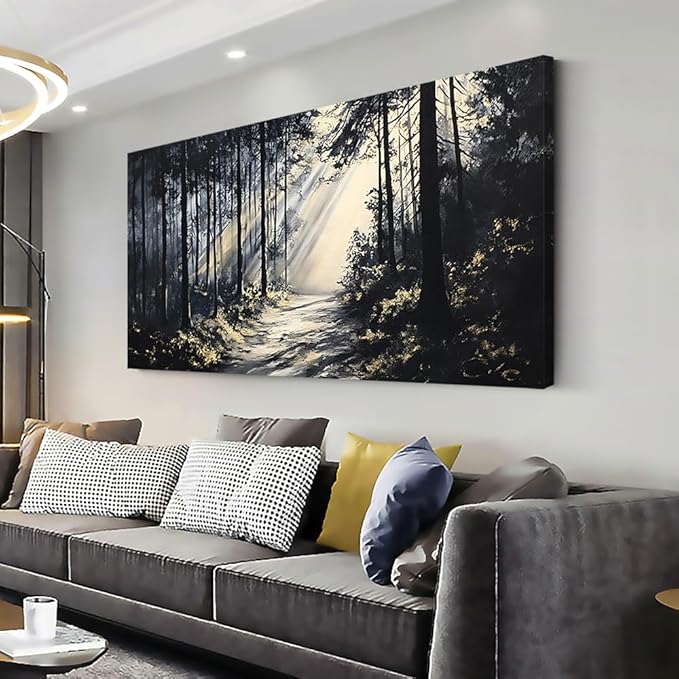 LAVIKARS Rustic Sunlight Forest Wall Art for Living Room Office Black and White Modern Landscape Canvas Painting Prints Large Nature Artwork Home Kitchen Bedroom Decor (23x46 Inches)