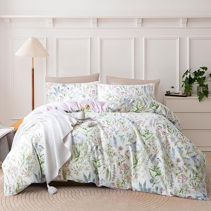 EAVD Vibrant Garden Botanical Floral Duvet Cover Queen Soft Cotton Chic Cute Bird Floral Pattern Bedding Set with 2 Pillowcases Vintage Botanical Duvet Cover with Zipper Closure
