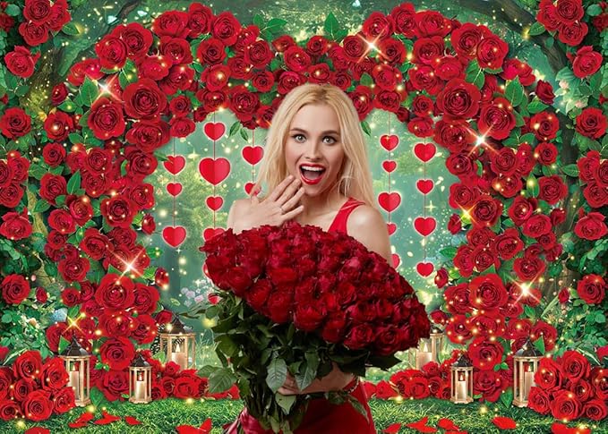 Valentine's Day Backdrop Red Rose Love Heart Garden Photography Background Floral Wedding Bridal Shower Birthday Party Decorations Photo Banner Props (82x59inch(7x5FT))