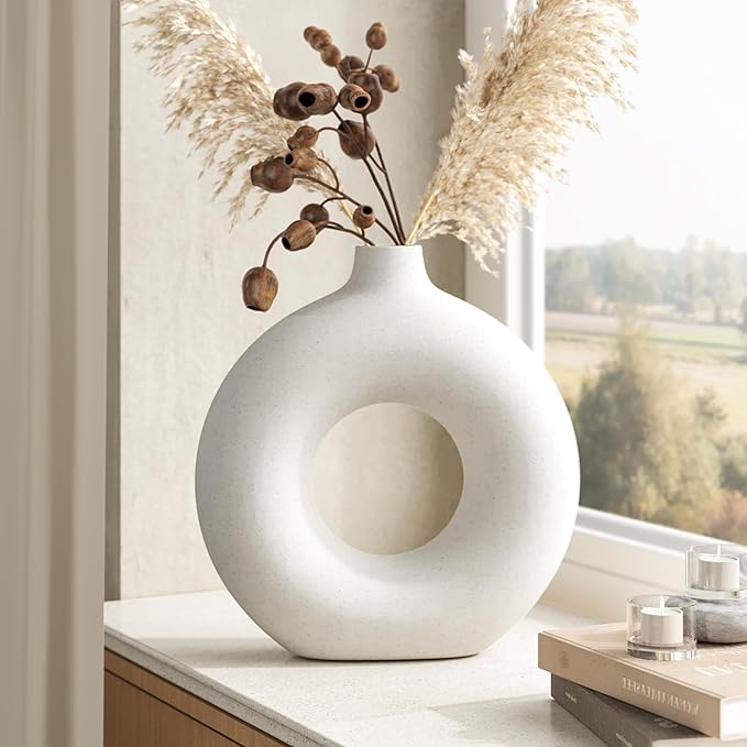 Cream White Donut Vase 9 Inch Hollow Ceramic Vase for Flowers Pampas Grass Home Decor, Modern Minimalist Boho Style Decorative Circle Vase for Living Room, Dining Tabletop, Office, Farmhouse