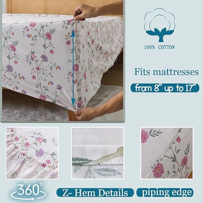 Zusbest King Sheets, Soft 100% Cotton Pink & Off White Floral Bed Sheets,Shabby Vintage Chic Purple Flower Printed Sheets,Breathable Home Decor, Garden Style 4 Piece Deep Pocket 17.5‘’（Rosy）