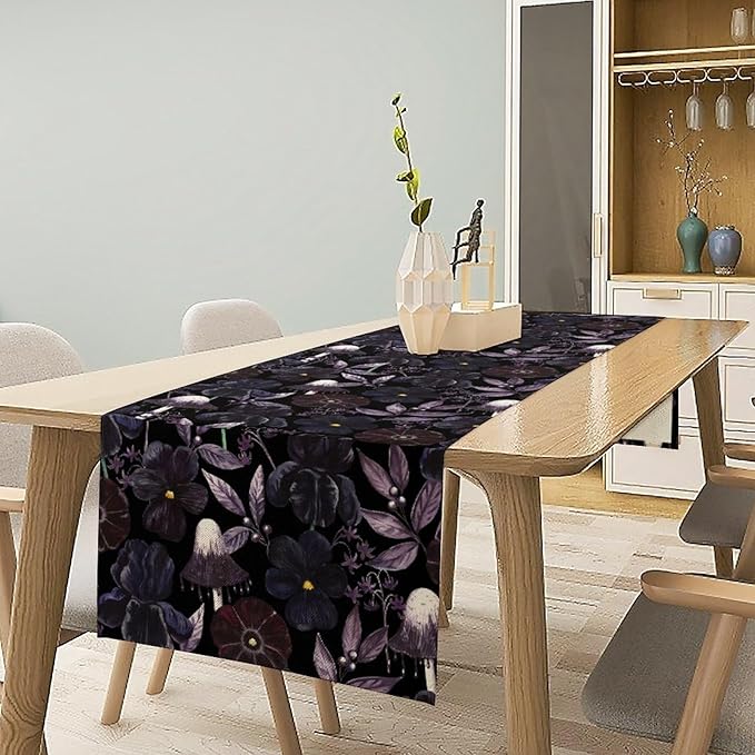Gothic Floral Table Runner, Watercolor Black Purple Flowers Victorian Luxury Vintage Leaves Plant Table Runner for Home Kitchen Dining Decor Indoor Outdoor Party, 13x90inch
