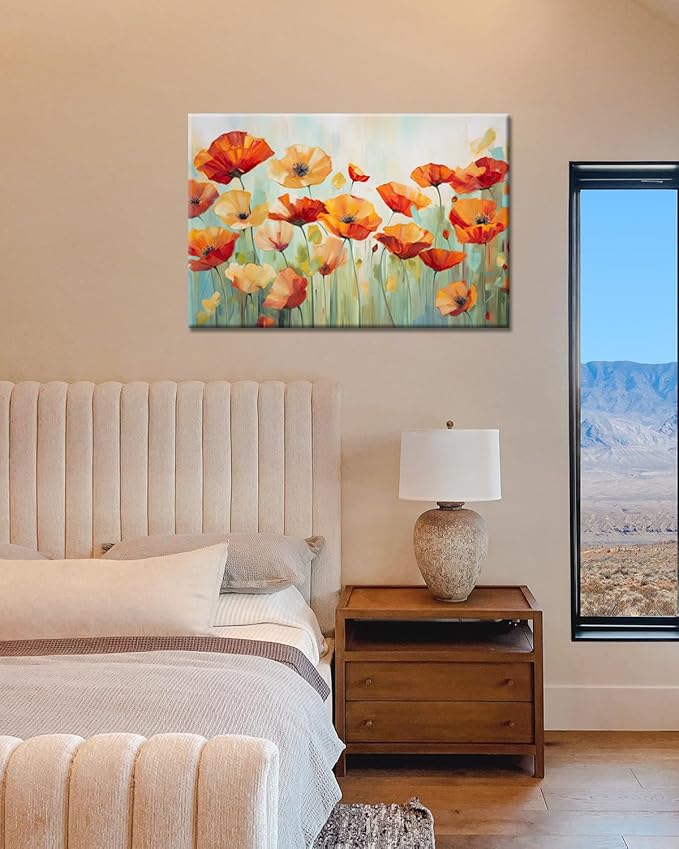 GLOKAKA Vibrant Poppies Wall Art Floral Red and Orange Watercolor Poppy Flower Painting Print Canvas Artwork For Living Room Bathroom Dinning Room Decor (Vibrant Poppies, 30"x20")