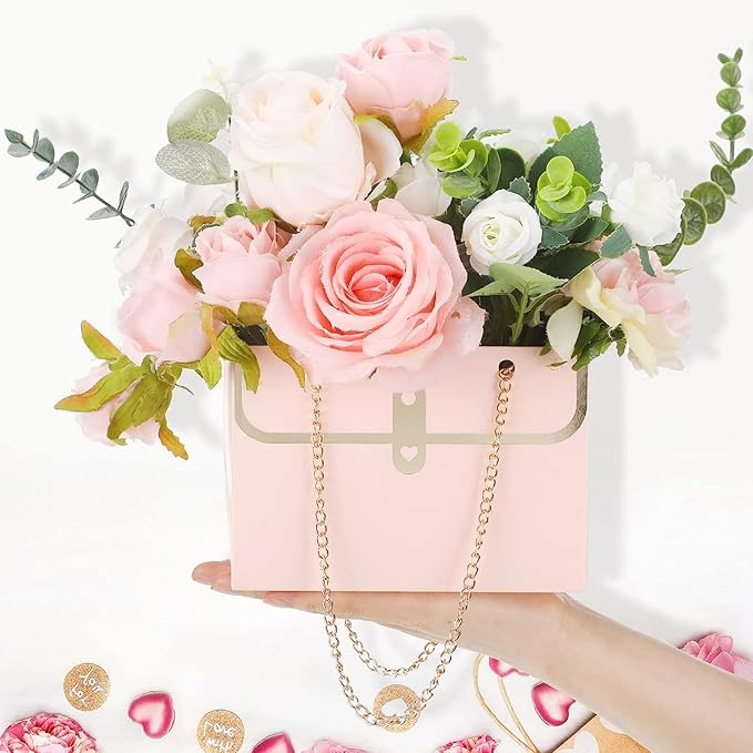 LONG XIN SERIES 12pcs Pink Gift Boxes Gold Chain Handled Gift Boxes Romantic Wedding Favor Florist Present Craft Paper Boxes Rectangular Gift Bags for Gift Package (Pink)