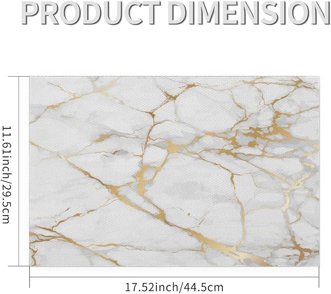 PVC Placemats Set of 4 White Gold Marble Wipeable Table Mats Washable Heat Resistant Non Slip Vinyl Dining Table Mat for Kithen Indoor Outdoor Patio Farmhouse Place Mats Decorative