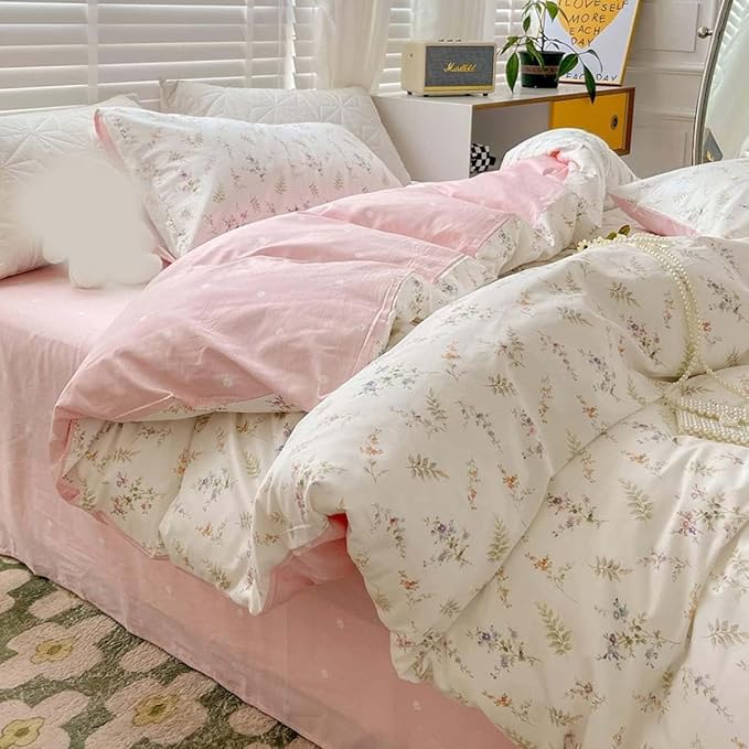 Nayoroom Pink Floral Duvet Cover Full Size Green Botanical Leaf Printed on White Reversible Coquette Bedding Set 3 Pcs Soft Microfiber Spring Cottagecore Comforter Cover with Zipper Closure