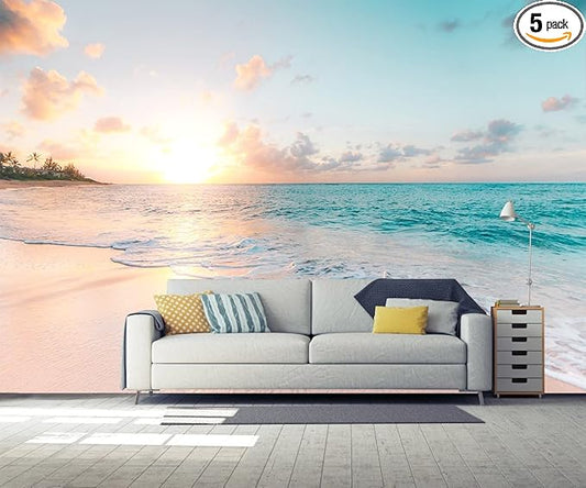 Sunset Wall Murals Romantic Beach Photo Mural Wallpaper Wall Decor Print for Living Room Bedroom Dining Room（Not Peel and Stick）
