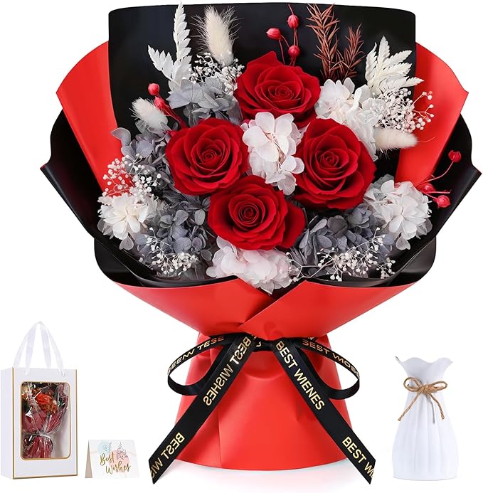 Lewondr Flower for Delivery, Preserved Flowers Bouquet, Red Rose Bouquet with Gift Box, Real Long-Lasting Forever Birthday Flowers Gifts for Wife Girlfriend Mothers Day Anniversary Proposal, White-Red