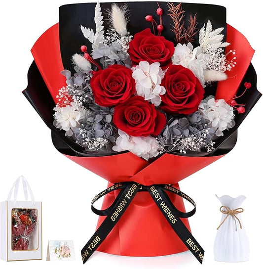 Lewondr Flower for Delivery, Preserved Flowers Bouquet, Red Rose Bouquet with Gift Box, Real Long-Lasting Forever Birthday Flowers Gifts for Wife Girlfriend Mothers Day Anniversary Proposal, White-Red