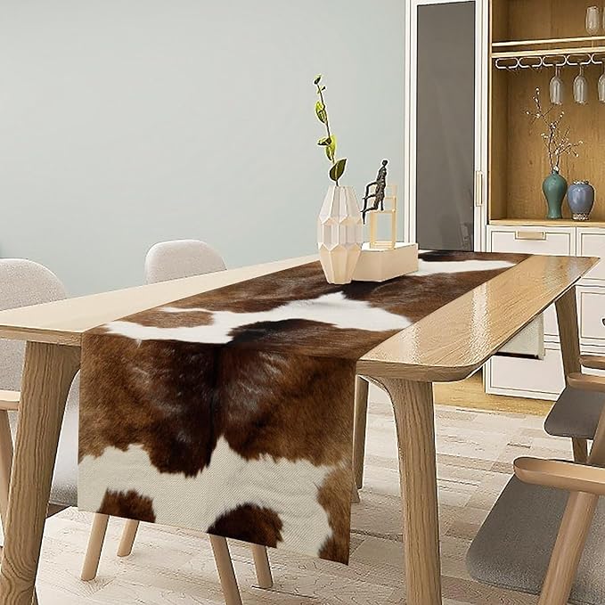 Cow Skin Print Table Runner Farmhouse Western White Brown Cowhide Rustic Cottage Country Seasonal Spring Fall Kitchen Dining Table Decoration for Home Party Dinner 13x70cm