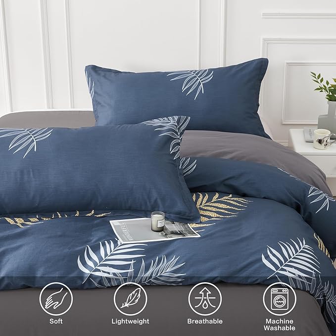 SAPHREAS Navy Blue Duvet Cover Set King Size 3pcs Monstera Leaf Tropical Leaves Cotton Bedding Comforter Cover Set 100% Cotton 1 Duvet Cover 2 Pillow Shams with Zipper