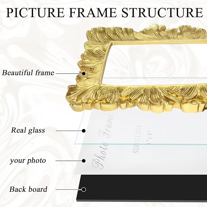 4x6 Vintage Picture Frame Gold, Ornate Leaves Photo Frame with Glass Front, Elegant Picture Frame for Wall or Tabletop Display, Gift ldeas for Home Decor