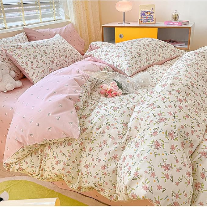 Pink Floral Duvet Cover Full Size 100% Cotton Chic Flower Botanical Duvet Cover Garden Style Girls Floral Comforter Cover with Zipper Closure Vintage Floral Cottagecore Bedding Set with 2 Pillowcases