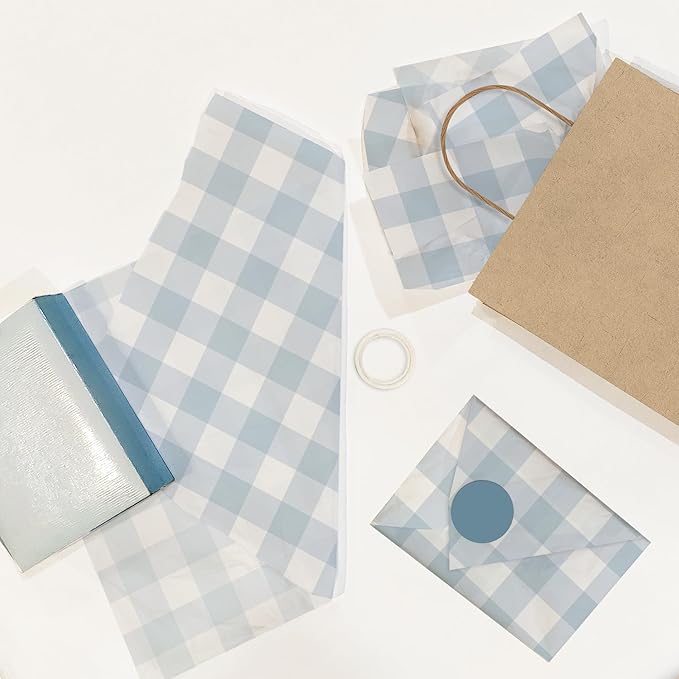 Pro Supply Global Blue Gingham Printed Tissue Paper for Gift Bags or Boxes and Wrapping - Checkered Bulk Decorative Art Tissue Paper for Packaging and Gifting | 24 Sheets 20" x 30"
