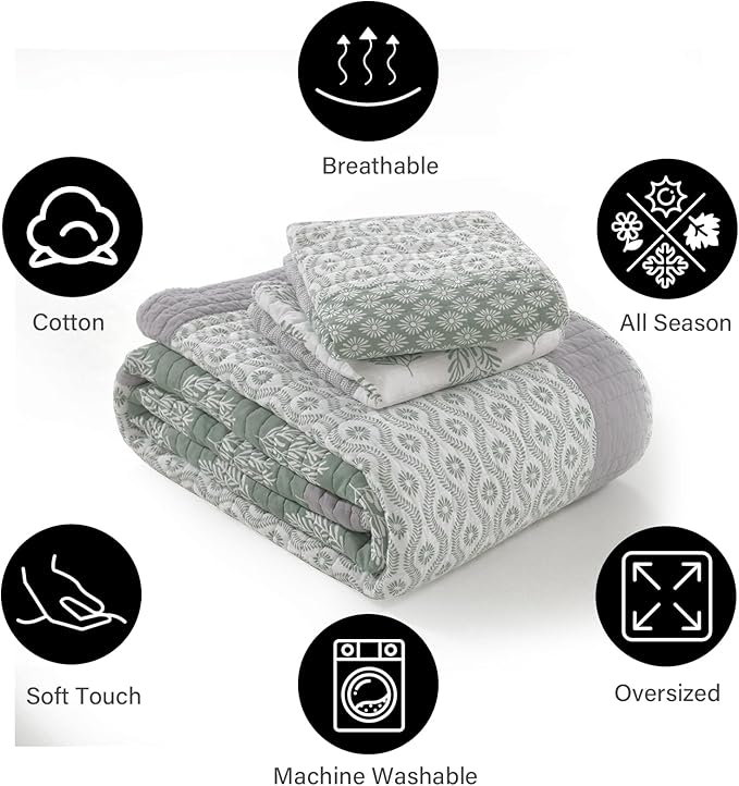 PANGUSHAN Quilt Set King Size, 100% Cotton Bedspread Quilt Bedding Set, Patchwork Reversible Floral Quilt for King Bed, Greyish-Greens Bed Spread, Lightweight Comforter for All Season, 3 Pieces