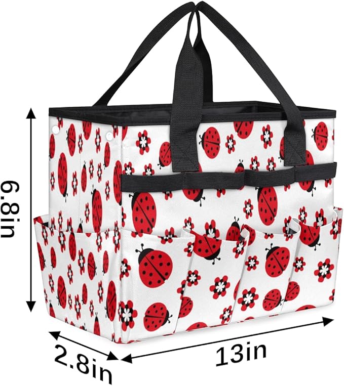 Ladybugs Flowers Garden Tool Tote Bag for Women Men Gardening Tool Storage Bags with 10 Pockets Standable Garden Home Tool Kits Organizer for Indoor Outdoor Gardening Gifts