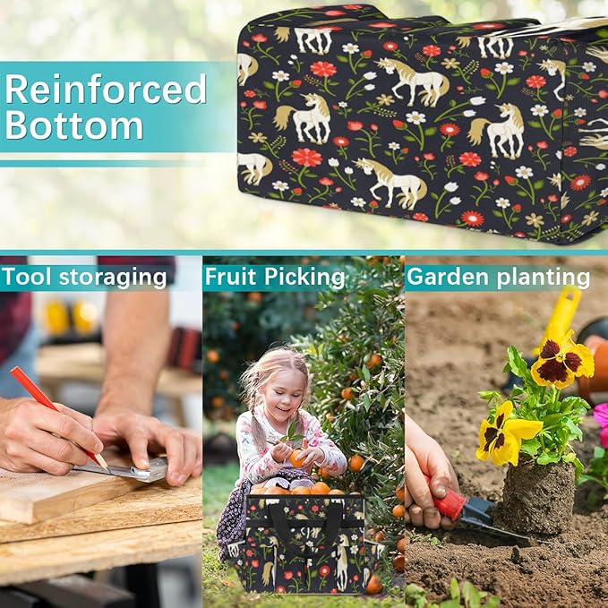 Garden Tool Tote Bag for Women Men Cartoon Horse Flowers Gardening Tool Storage Bags with 10 Pockets Standable Garden Home Tool Kits Organizer for Indoor Outdoor Gardening Gifts