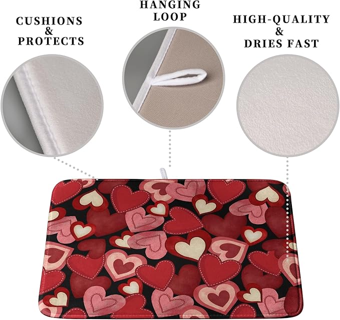 Valentine Dish Drying Mat for Kitchen Counter Red Black Love Heart Drying Pad Microfiber Absorbent Coffee Bar Mat Heat Resistant Countertop Protector Dishes Drainer Mat 18x24 Inch