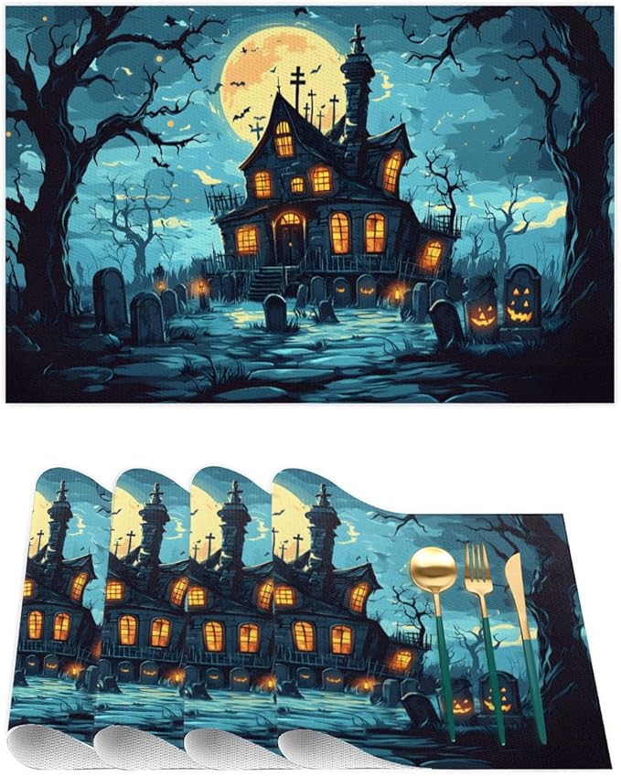 Halloween Castle Moon Scary Placemats Set of 6 PVC Vinyl Non Slip Table Mats Heat Resistant Place Mats Washable Wipeable Dining Table Mat for Kitchen Decor Party Indoor Outdoor Decorative Gift