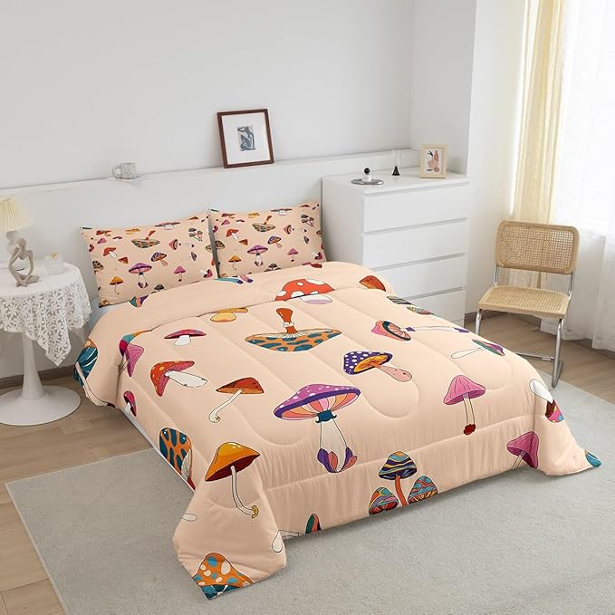 Retro Mushroom Twin Size Comforter Set,Hippie Plant Duvet Set with 1 Pillowcase for Kids Boys,60s 70s Cartoon Style Soft Microfiber Bedding Comforters