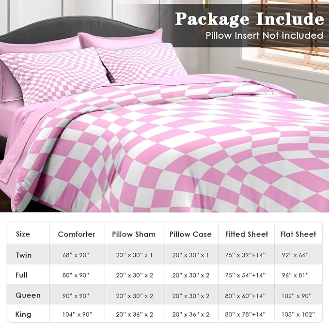Comforter Set Full Size, Pink White Geometric Checkerboard 7 Pcs Bedding for Kids and Adults, Chess Checkered Bedding Sets with Fitted Sheet 2 Pillowcase & 2 Sham for Bedroom Bed Decor