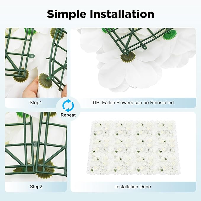 DouSeiAi 12Pcs Artificial Flower Wall Panel 3D Floral Backdrop Walls 15" X 15" Flower Wall Decor Flower Backdrop Faux Flowers Panel for Wedding Party Home Decoration, White