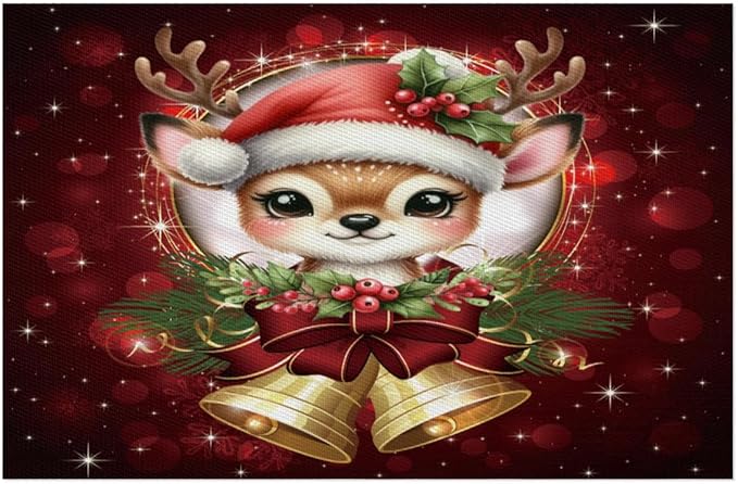 Christmas Xmas Bells Deer Placemats Set of 1 PVC Vinyl Non Slip Table Mats Heat Resistant Place Mats Washable Wipeable Dining Table Mat for Kitchen Decor Party Indoor Outdoor Decorative Gift