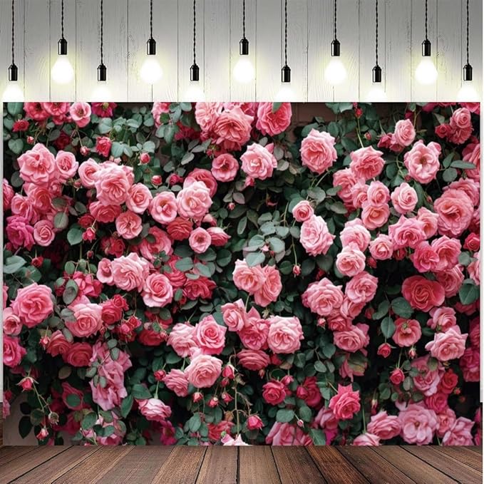 8x6ft Pink Rose Wall Backdrop Big Flower Wedding Romantic Green Leaves Photography Background Couple Family Tea Party Birthday Bridal Shower Valentine's Day Anniversary Ceremony Cake Table