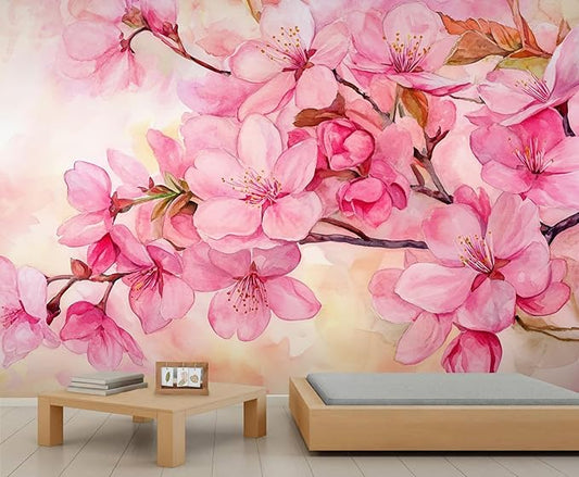 Watercolor Cherry Blossom Wall Mural, Japanese Cherry Blossom 3D Wall Murals, Simple Elegant Flowers Wallpaper Mural, for Living Room Bedroom Large Wallpaper Indoor Decor 157.5" W x110.3 H