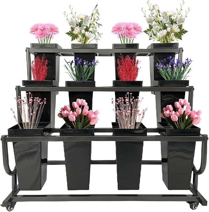 Tongmo 3-Tier Movable Plant Cart - Heavy Duty Flower Rack with 12 Buckets - Perfect for Shops, Homes, Cafes, and Offices