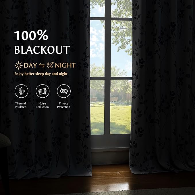 Beauoop Floral 100% Blackout Curtains 90 Inches Long 2 Panels for Bedroom Living Room Blue Grey and White Flower Patterned Room Darkening Thermal Soundproof Grommet Window Treatments Drapes, 52X90