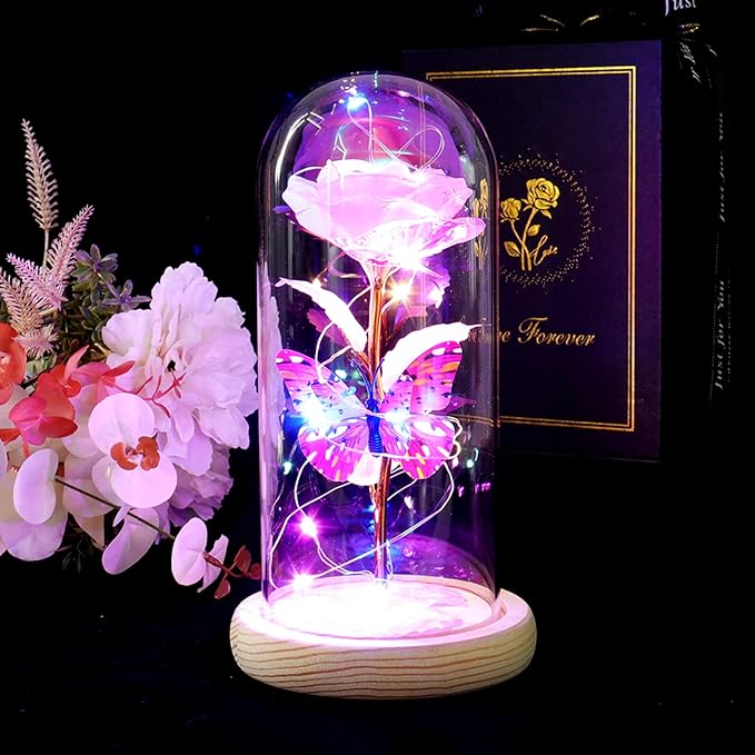 Beferr Christmas Rose Gifts for Women Mom Birthday Gifts, Galaxy Glass Rose Forever Preserved Flowers for Delivery Prime Light Up Rose in Glass Dome with Butterfly Xmas Gifts for Grandma Her Wife