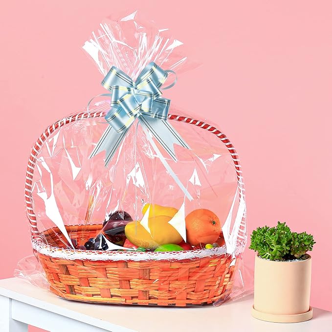 UltraOutlet 50 Packs Large Cellophane Bags 18" x 24" Clear Cellophane Gift Basket Wraps 2.3 Mil Thick Transparent Cello Bags for Fruit Basket, Gift Wrap, Treats, Arts and Crafts, 50ct Ribbon Bows
