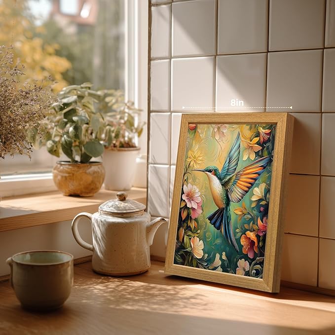 LLEEMPI William Morris Wall Art, Vintage Bird Floral Wall Decor, Hummingbird Flower Canvas Painting, Colorful Nature Botanical Aesthetic Picture for Living Room Bedroom Kid Room Wood Framed 8x10 inch