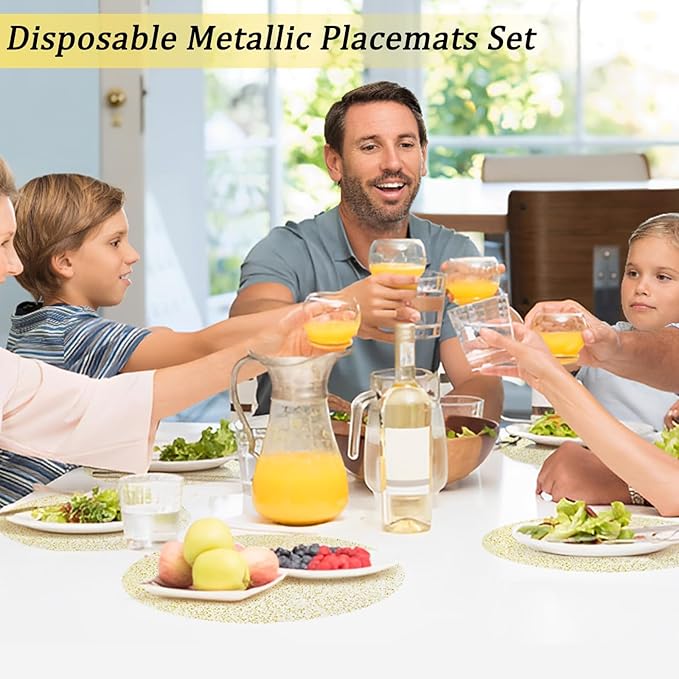 Hysenm 50 Pcs Disposable Gold Placemats Set Metallic 13 Inch Round Foil Mesh Pressed Table Doilies, Ultra-Thin Disposable Placement Mats for Home Decoration Dining Table Wedding Birthday Party