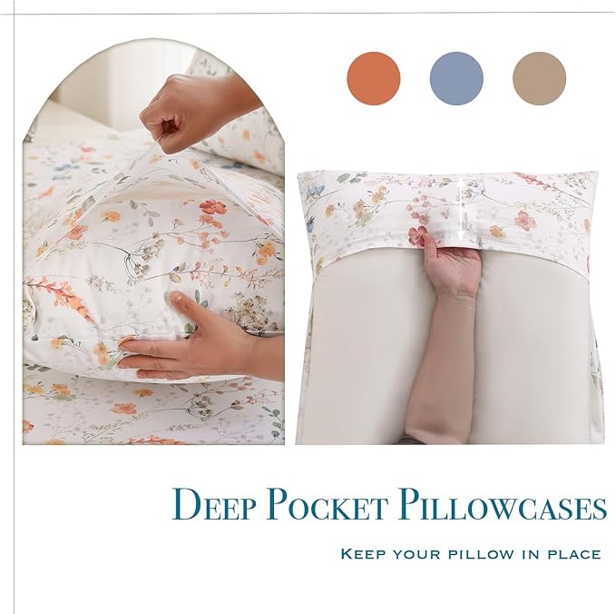 Zusbest Queen Sheet Set Floral Patterned 100% Percale Cotton Orange Blue Flower Sheets Set Green Botanical Printed on White Deep Pocket Fitted Sheets, Crisp Soft Breathable for Hot Sleepers, 4 Pcs