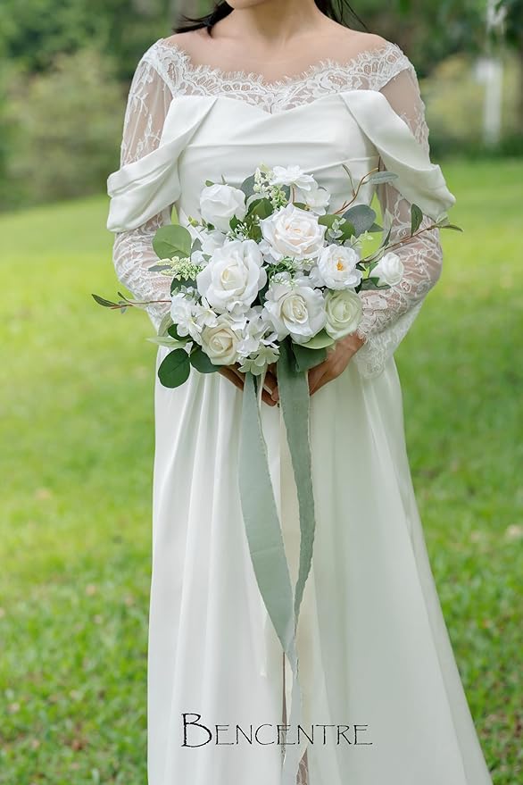 10 Inch White&Greenery Bridal Bouquet,Wedding Bouquet,Bride Bouquets for Wedding Ceremony Anniversary, Party and French Rustic Vintage Wedding,Artificial Flowers…