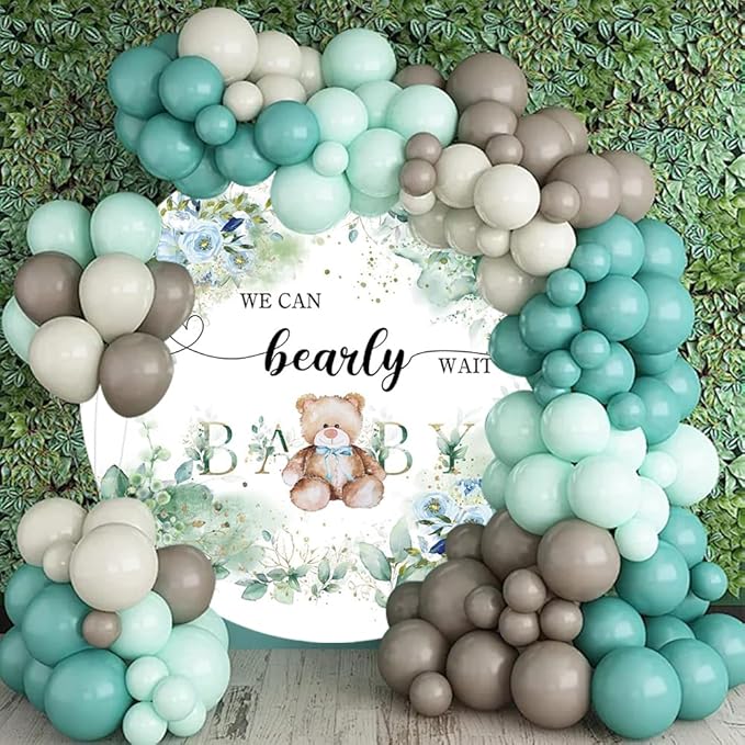 OERJU 7.2x7.2ft Bear Baby Shower Round Backdrop We Can Bearly Wait Lovely Photography Background Green Leaves Floral Circle Backdrop Cover Birthday Gender Reveal Party Decoration Photo Booth Props