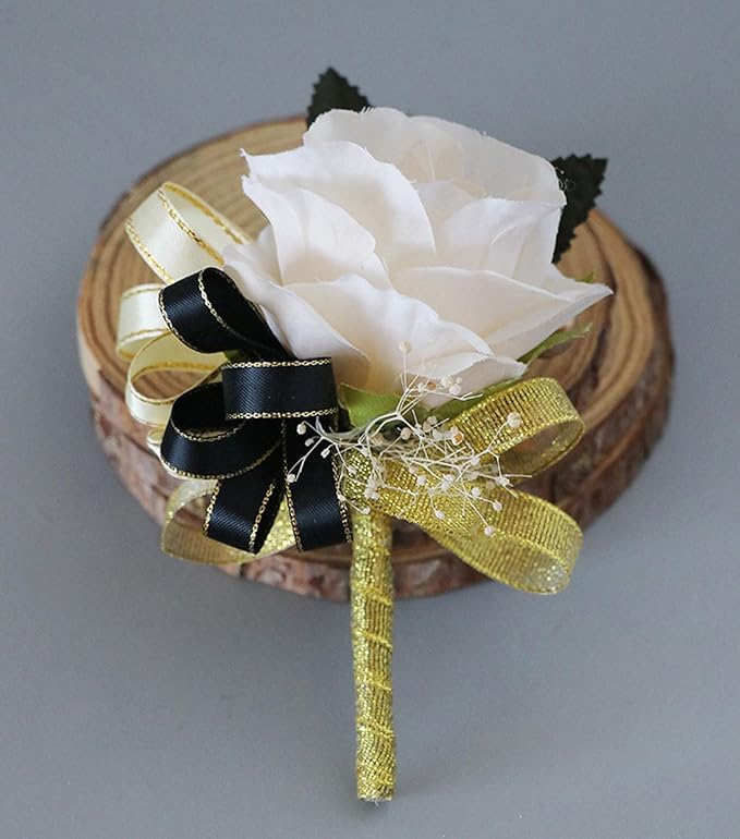 Aimto Ivory Rose Rose&Black Wrist Corsage and Boutonniere Set for Ivory Rose Wedding Flower Accessories Prom Suits (3pairs Ivory Rose Set)