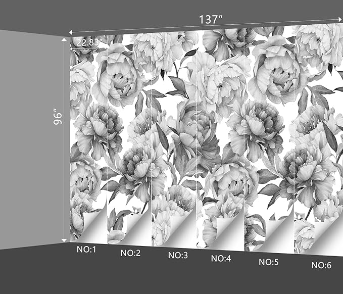 Grey Peony Floral Wallpaper Bedroom Black and White Botanical Flowers Leaf murals Aesthetic Room Decor Living Room tv Background Large Wall Mural - 137"x96" Not Peel and Stick