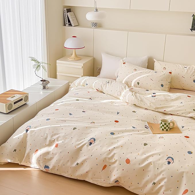 AOJIM Cute Duvet Cover Set for Kids Adults, Pure Cotton Comforter Cover Set with Multiple Cartoon Pattern Designs, Soft Bed Set 3pcs Queen Size, Colorful Quilt Cover for Room Decor(No Comforter)