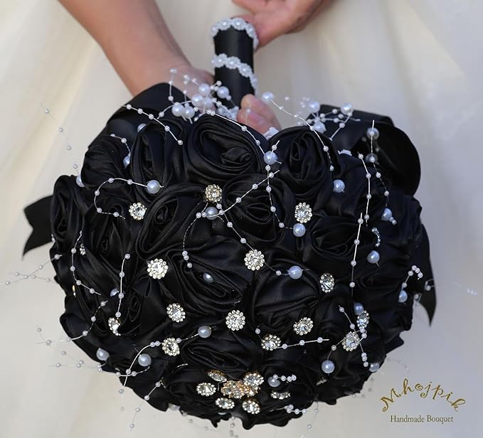 Bridal Wedding Bouquet Round Bling Brooch Bouquet Throw Toss Artificial Rose Flower Bunch for Bride Bridesmaid Wedding Quinceanera(Black, 8.7")