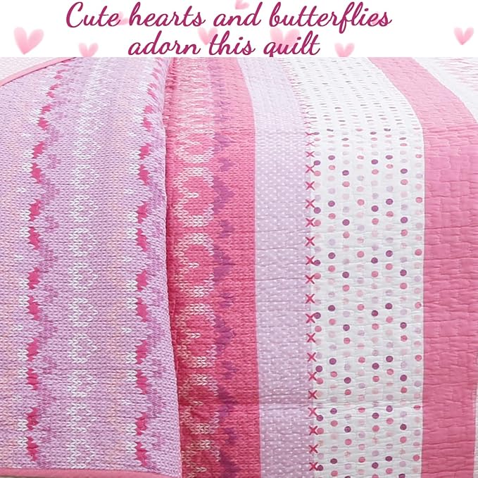 Cozy Line Home Fashions Pink Butterfly Knit 100% Cotton Reversible Quilt Bedding Set, Coverlet, Bedspreads (Queen - 6 Piece: 1 Quilt + 2 Standard Shams + 3 Decorative Pillows)