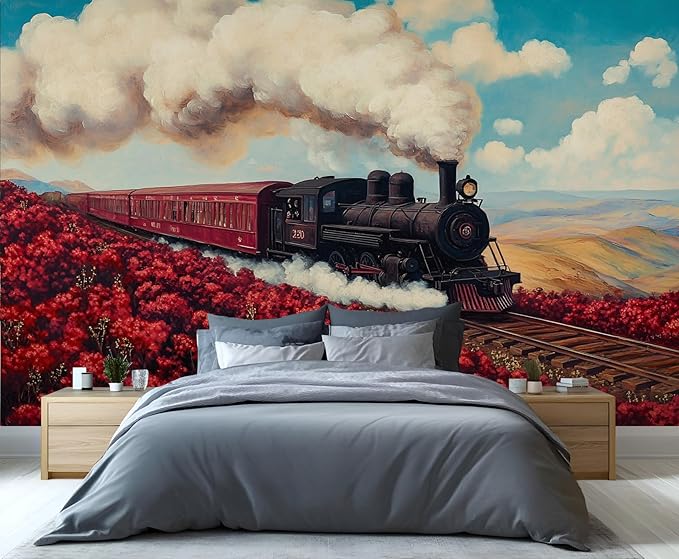 Vintage Train Wall Mural, Steam Engine Landscape 3D Wall Murals, Train Through Flower Field Wallpaper Mural, for Living Room Bedroom Large Wallpaper Indoor Decor 137.8" W x100 H