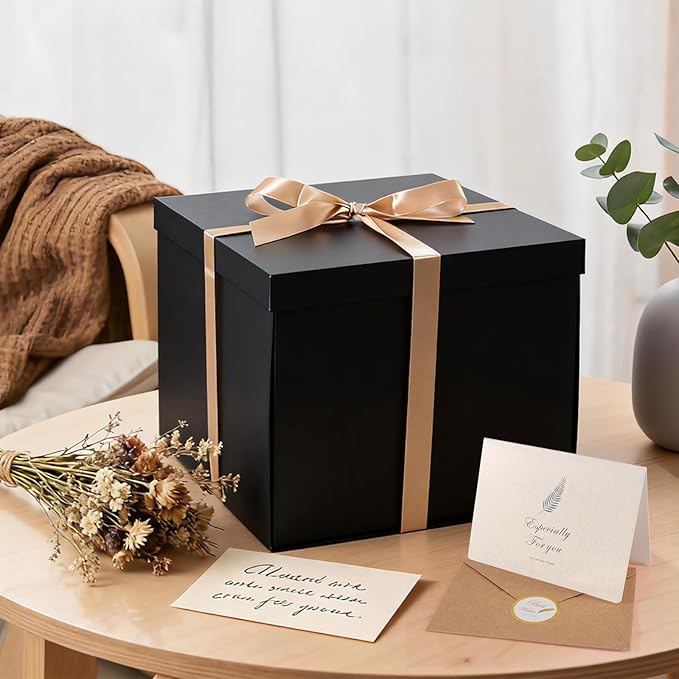 Donyang Gift Box, 12x12x10 inches Large Black Gift Boxes for Presents with Lids, Birthday Box, Groomsman Proposal Box, for Wedding, Valentine's Day, Mother's Day, Halloween, Christmas Gift Packging