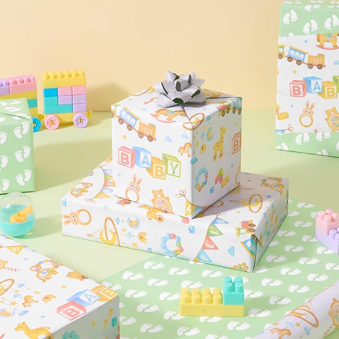 WERNNSAI Baby Shower Wrapping Paper Roll - 1 Roll 17”x 16.4ft Gender Neutral Baby Gift Wrap Newborn Toys Design Gift Packing for Boy & Girl Party Decor Reversible Footprint Print